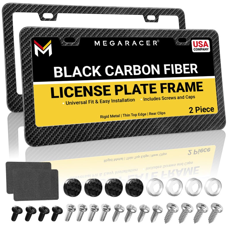 Mega Racer Premium Carbon Fiber Design License Plate Frames â€“ 2 Pack, Rust-Free Stainless Steel, Rattle-Free, Universal with Screw Caps, Slim-Top, Thin Rigid Metal Car Tag Holders, Front & Rear - Cool for Men - Image 1